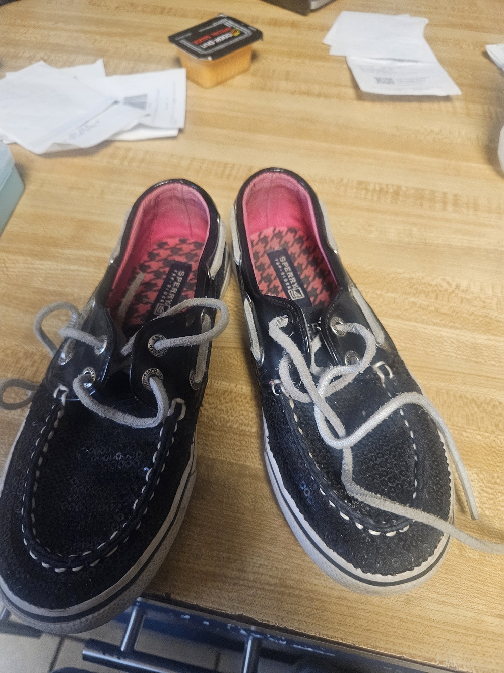 Sperry Black Sequin Boat Shoes with Pink Lining
